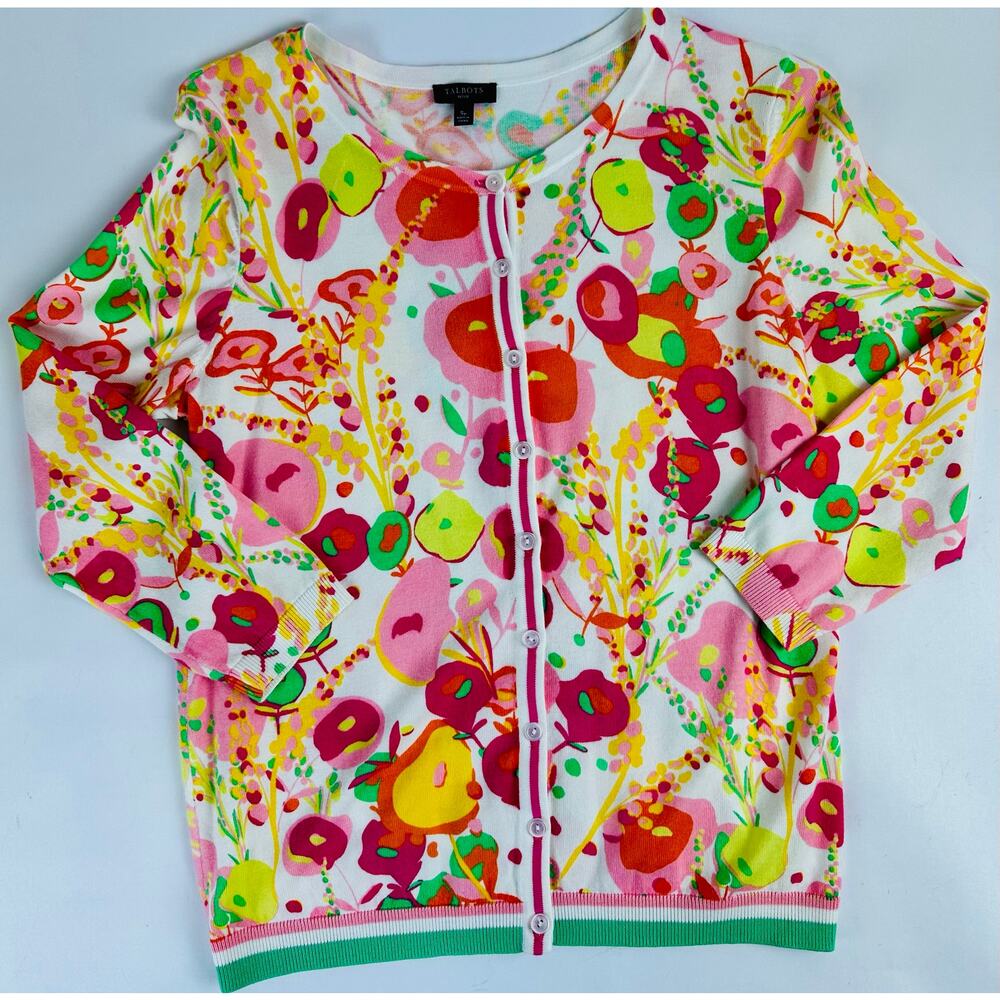 Talbots Small Floral Charming Cardigan Sweater Cotton Floral 3/4 Sleeve Bright